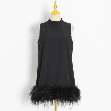 Woochic mini-robe col mi-haut en plume d’autruche droite sans manches,cocktail noir S